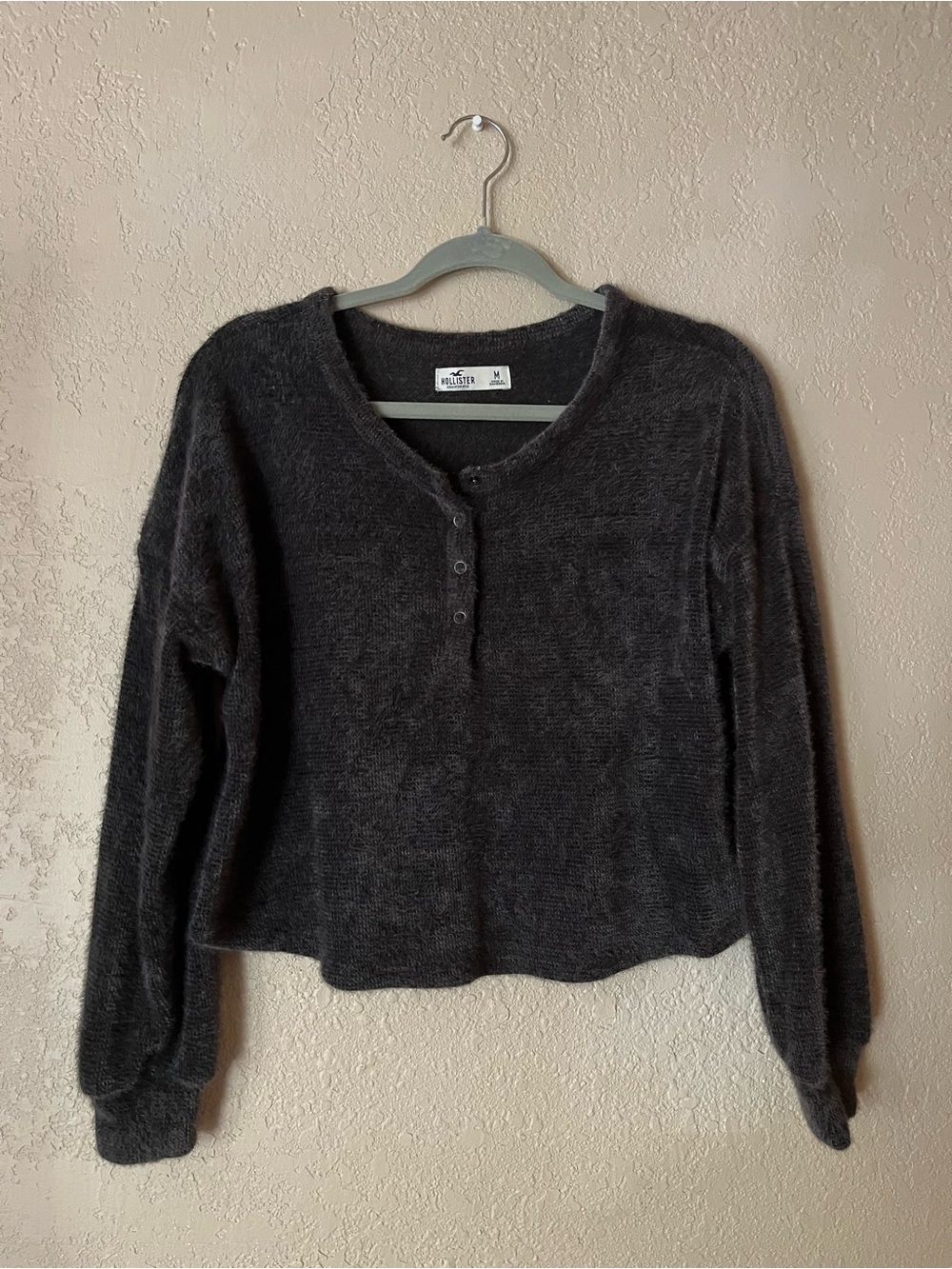 Hollister Charcoal Fuzzy Henley Long-Sleeve Crop Top